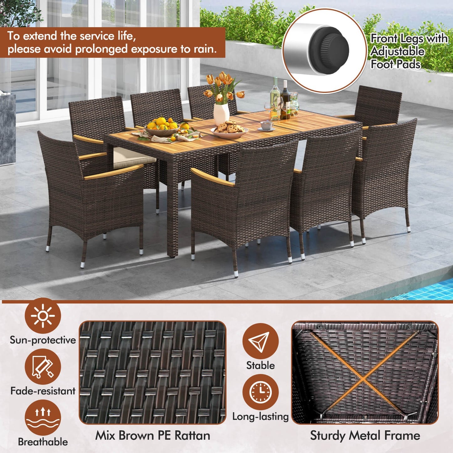 9PCS Patio Dining Set W/ Acacia Wood Table Top Outdoor Dining Set for 8 People
