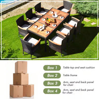 9-Piece Wicker Outdoor Dining Set with Acacia Wood Table and Stackable Cushioned Chairs Dining Set in Off-White