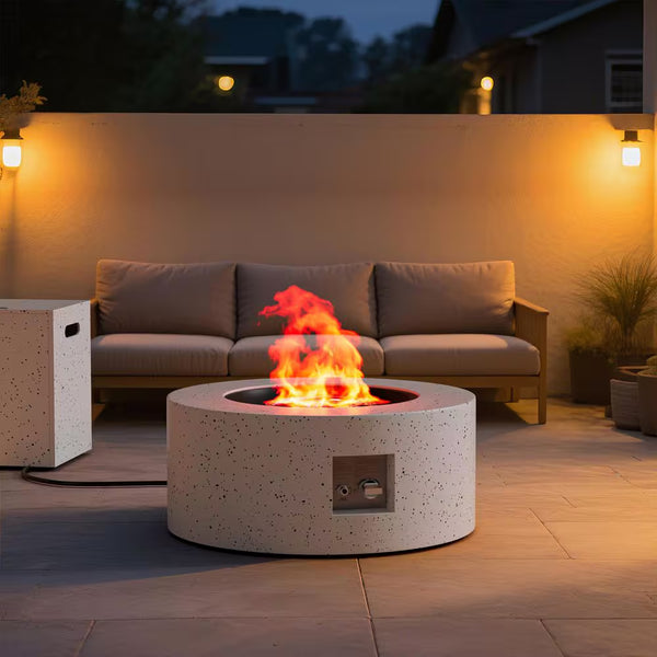 Outdoor Fire Pit Table Gas Fire Pits, 30 In. round Firepit Table, 50,000 BTU Fire Table for Patio, White with Black Dots