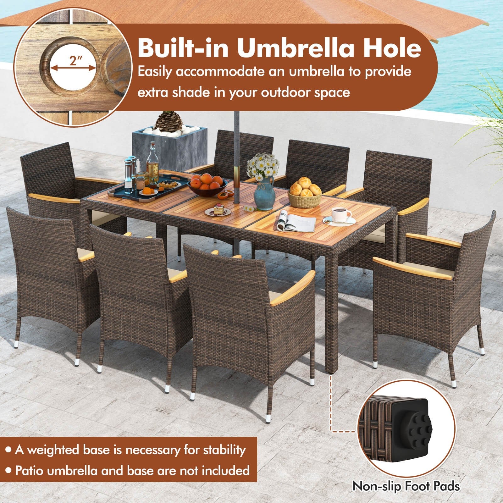 9PCS Patio Dining Set W/ Acacia Wood Table Top Outdoor Dining Set for 8 People