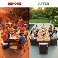 9-Piece Wicker Outdoor Dining Set with Acacia Wood Table and Stackable Cushioned Chairs Dining Set in Off-White — Before & After