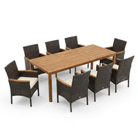 9-Piece Wicker Outdoor Dining Set with Acacia Wood Table and Stackable Cushioned Chairs Dining Set in Off-White — Studio Shot