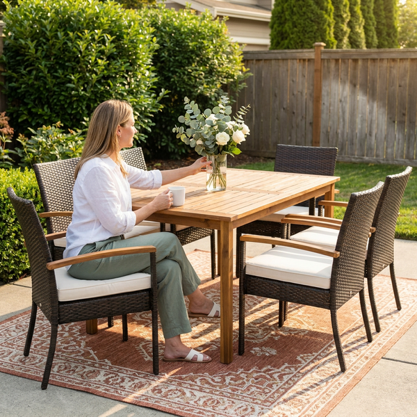 Outdoor Dining Set Built for Year-Round Entertaining, Acacia Wood Table, 8 Cushioned Chairs, Weather-Resistant
