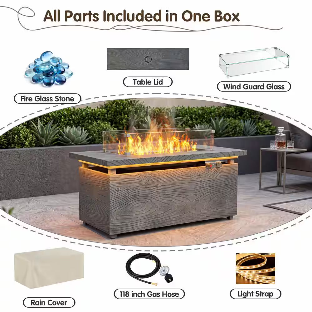 50000 BTU Rectangular Fire Pit Table with Golden Led Light Metal Table Top Outdoor Propane Fire Pit Table