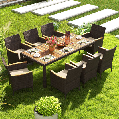 9PCS Patio Dining Set W/ Acacia Wood Table Top Outdoor Dining Set for 8 People