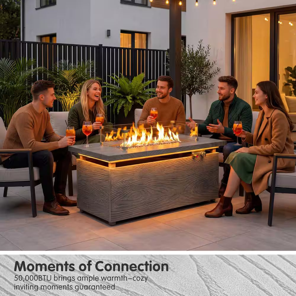 50000 BTU Rectangular Fire Pit Table with Golden Led Light Metal Table Top Outdoor Propane Fire Pit Table