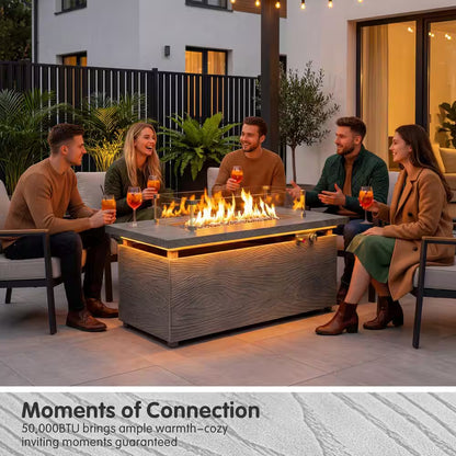 50000 BTU Rectangular Fire Pit Table with Golden Led Light Metal Table Top Outdoor Propane Fire Pit Table