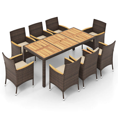 9PCS Patio Dining Set W/ Acacia Wood Table Top Outdoor Dining Set for 8 People