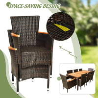 9-Piece Wicker Outdoor Dining Set with Acacia Wood Table and Stackable Cushioned Chairs Dining Set in Off-White