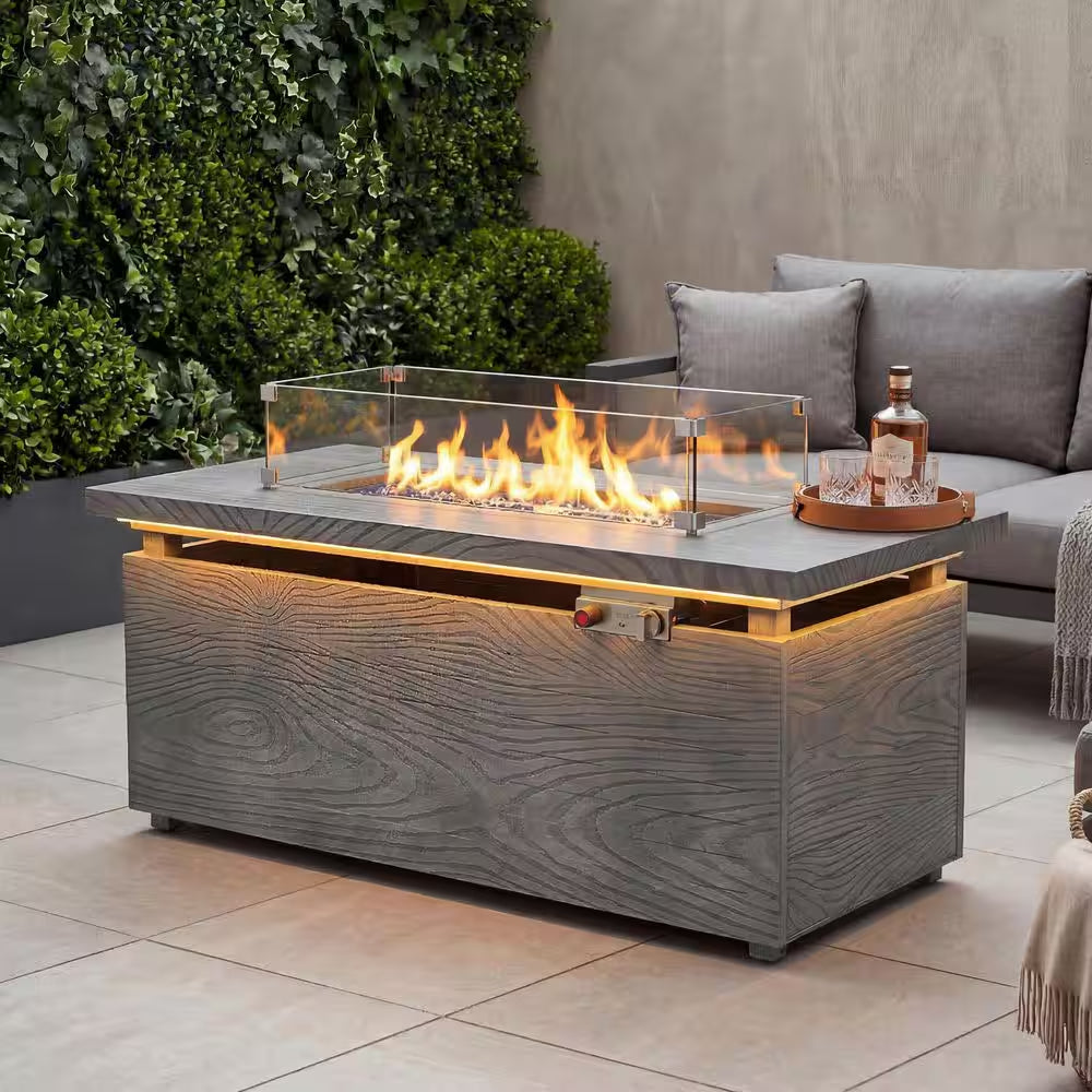 50000 BTU Rectangular Fire Pit Table with Golden Led Light Metal Table Top Outdoor Propane Fire Pit Table